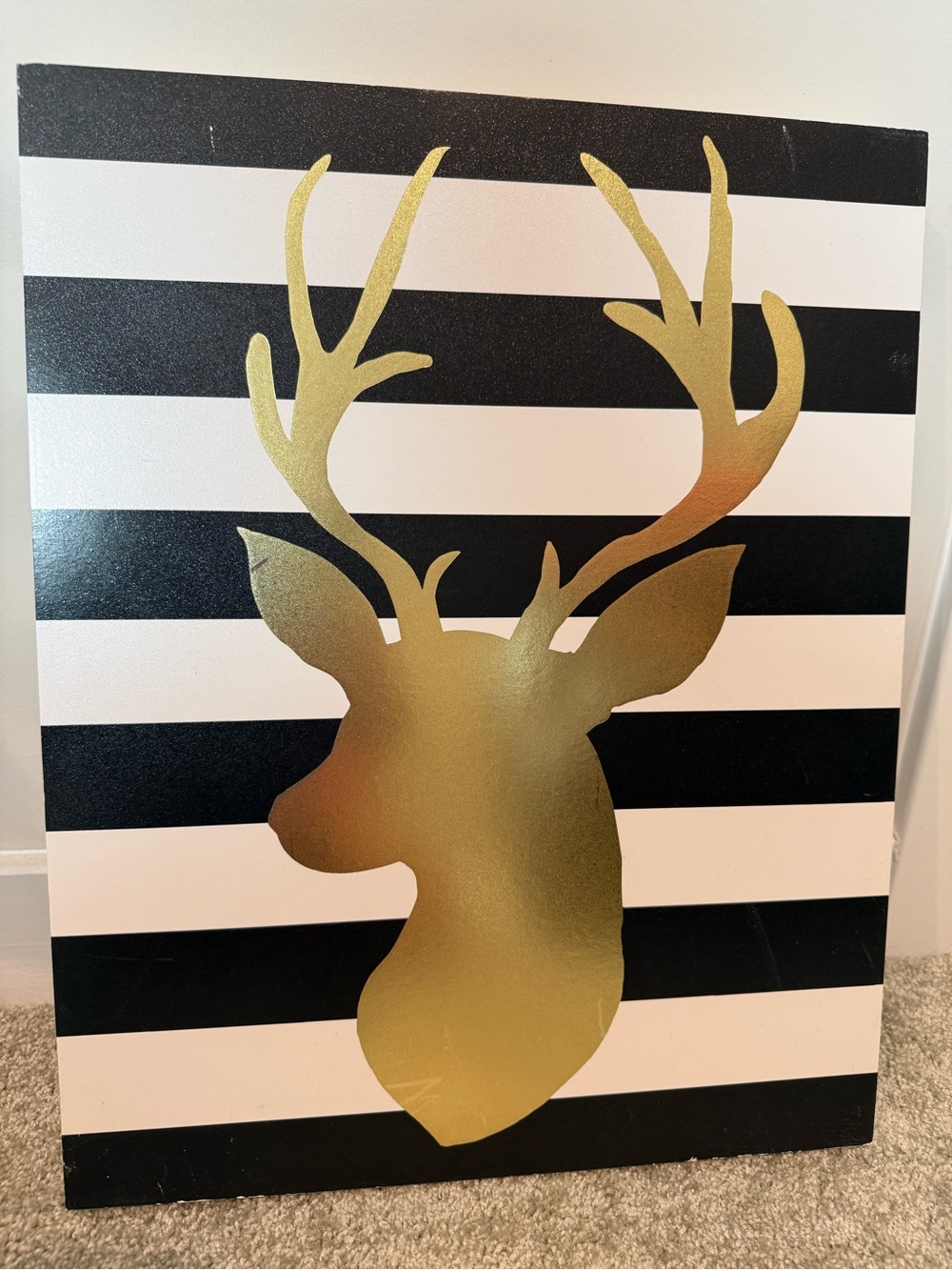 Gold Deer Silhouette Wall Art on Black & White Stripes
